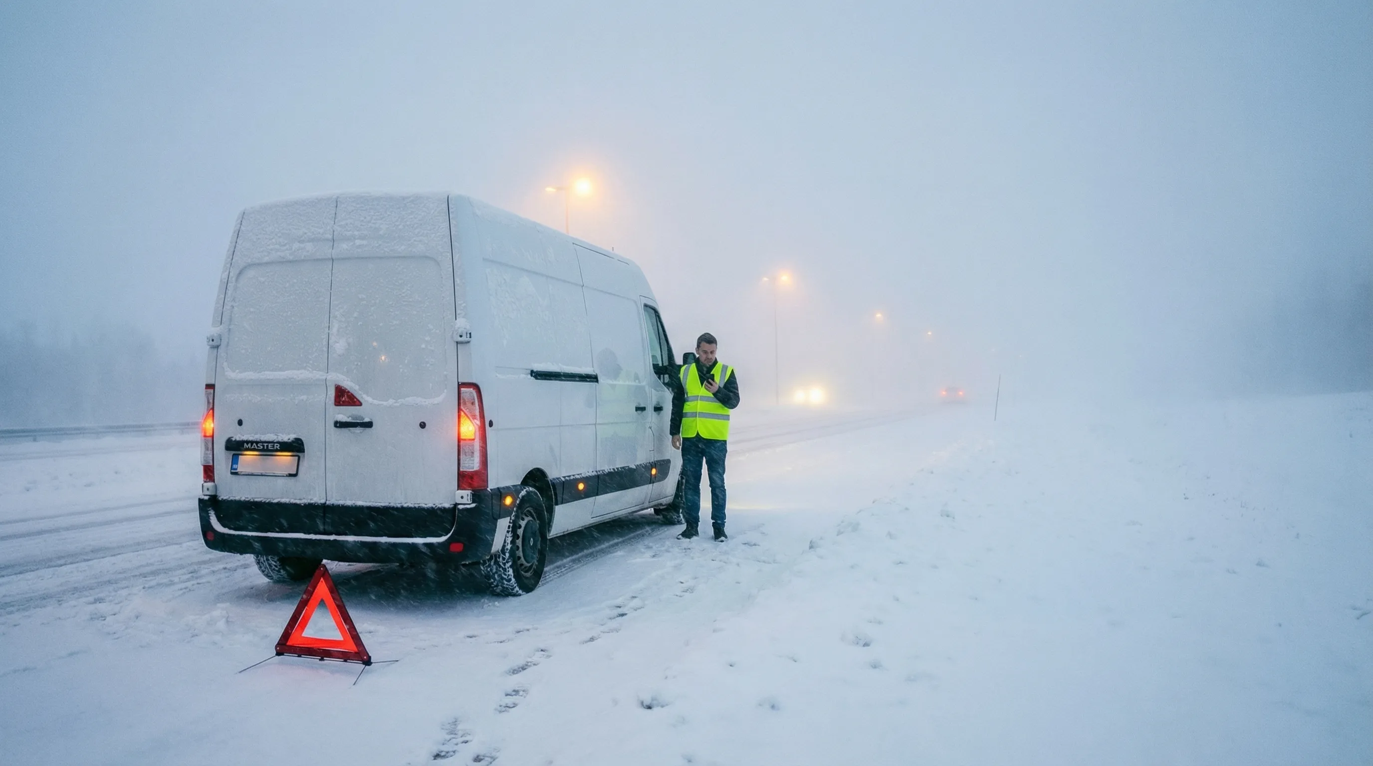 renault master, mlha, auto u krajnice, výstražný trojúhelník