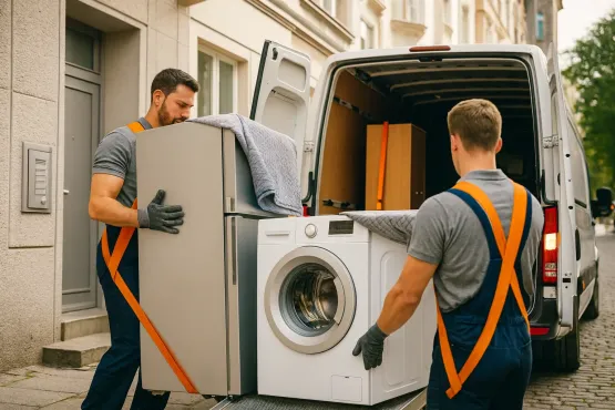 dodávka a dva stěhováci nakládající pračku a lednici