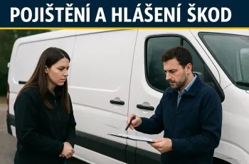 muž a žena před bílou pronajatou dodávkou sepisující nehodu