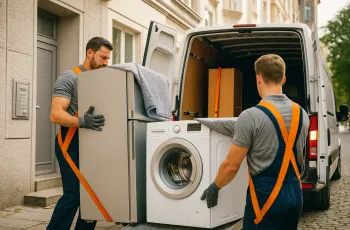 dodávka a dva stěhováci nakládající pračku a lednici